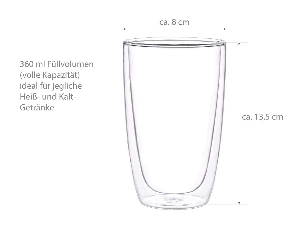 doppelwandige Teegläser Melina. 6 Stück Trinkbecher mit je 360ml Füllvolumen (volle Kapazität)