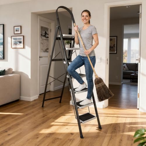 Image of TEKCOOL Ladder for Home 7 Steps Foldable with Built-in Tool Tray | Heavy Duty D Shape Rods | 20 x 30cm Large Platform | Wide Rubber Feet | Secure Lock | 150Kg Capacity