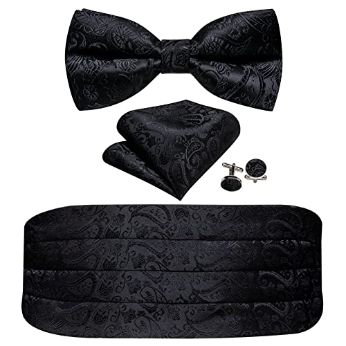 Image of Barry.Wang Men Silk Paisley Cummerbund and Pre-tied Bowtie Handkerchief Cufflink Set for Tuxedo