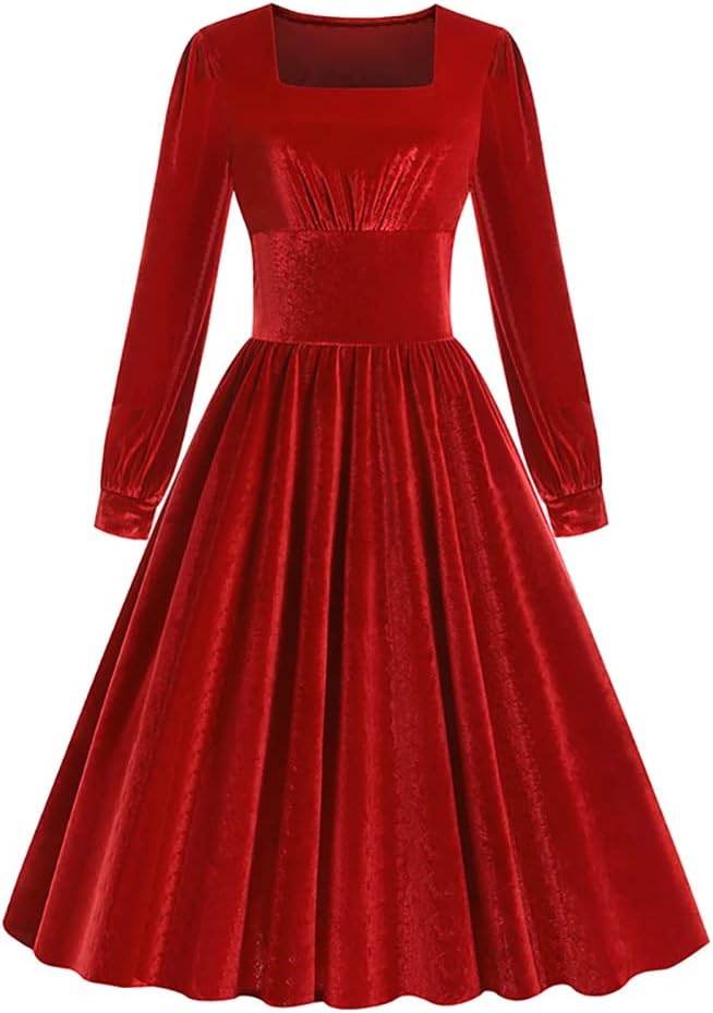 ODIZLI Women's Christmas Retro Dresses for Women Vintage Dress Long Sleeve Velvet Square Neck Swing Dress