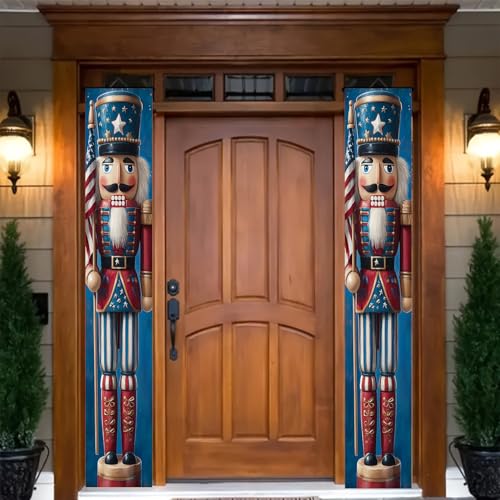Image of BlissYard Patriotic Nutcracker Door Banner Star Stripe Independence Day Hanging Banner Nutcracker Decor for Memorial Day Independence Day Door Cover Front Porch Wall Home Patriotic Decor 12x72 Inch