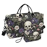 Skull Travel Duffle Gym Weekender Swim Bag with Toiletry Bag for Women - Purple White Flower