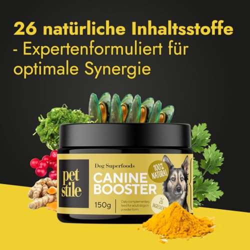 Petstile Canine Booster mit Grünlippmuschel-Extrakt für Hunde - Expertenformulierte Superfood-Mischung mit 26 Wirkstoffen - 150g Pulver