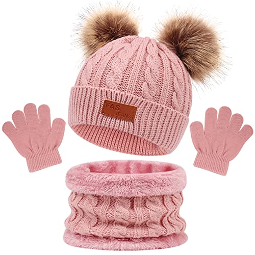 Enwokran Enfant Hiver Bonnet Echarpe Gants Ensemble, 3PCS Polaire Snood Bonnet Chapeau avec Pom Détachable Tricoté Tour de Cou Chaud avec Doublure Gants pour Fille Garçon 2-6 ans (Rose)