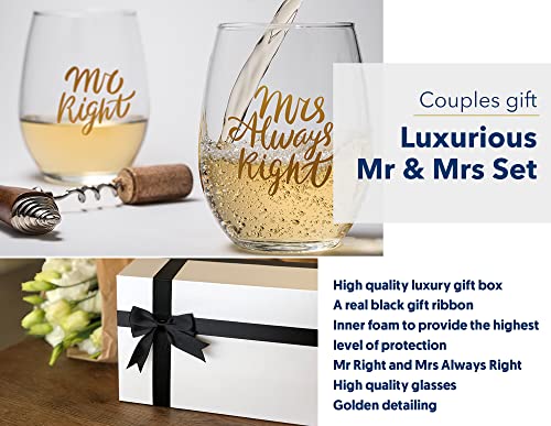 Triple Gifffted Mr Right Mrs Always Right Wine Glasses Gifts For Wedding, Anniversary, Gift For Engagement, Women, His And Her, Bride, Couples, Mom, Dad, Parents, Christmas, Valentines Set Presents #TOP5
