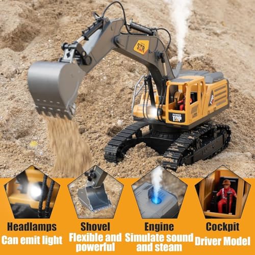 Image of JETRA Remote Control Excavator Toys for Boys,14 Channel 1:14 Rc Digger Construction Toys Tractor,Simulated Smoke, Sound, Lighting, Metal Digging Head, for Boys 3 4 5 6 7 8 9 10