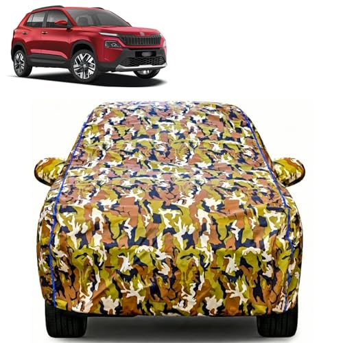 Image of Waterproof Car Body Cover for Skoda Kylaq with Mirror Pocket| Cotton Inner Lining | Triple Stitched | All Weather Protection | Dust, UV & Rain Proof (Camouflage with Blue Piping)