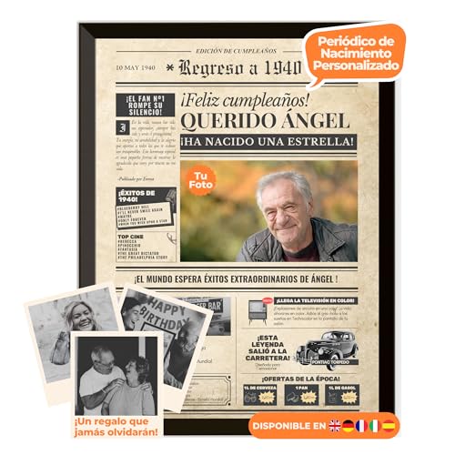Periódico de cumpleaños 1940 – póster personalizado año nacimiento con foto, nombre y mensaje – regalo original para hombre o mujer 85 años – estilo vintage con marco opcional – recuerdo inolvidable