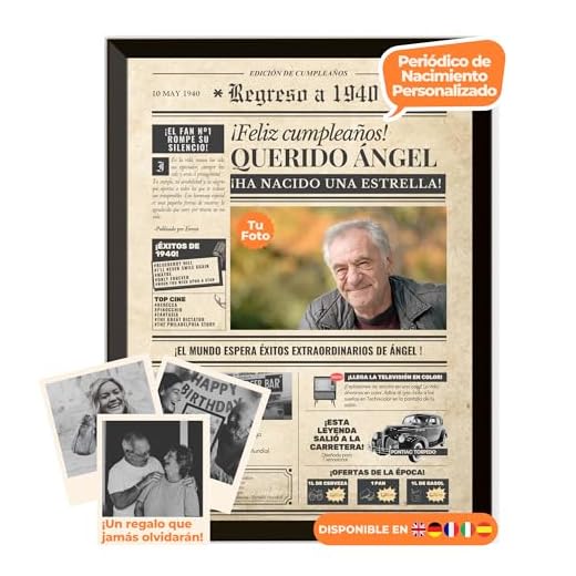 Periódico de cumpleaños 1940 – póster personalizado año nacimiento con foto, nombre y mensaje – regalo original para hombre o mujer 85 años – estilo vintage con marco opcional – recuerdo inolvidable