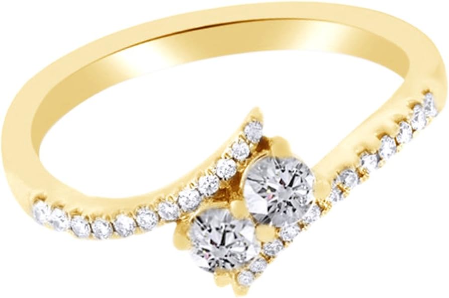 AFFY Round Cut White Cubic Zirconia Two Stone Engagement Band Ring 14k Gold Over Sterling Silver (0.38 Cttw)