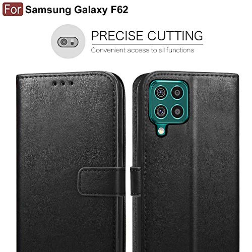 Image of CEDO Flip Cover for Samsung Galaxy F62 (4G) | Leather Finish | Inside Pockets & Inbuilt Stand | Shockproof Wallet Style Magnetic Closure Back Case Flipcover (Black)