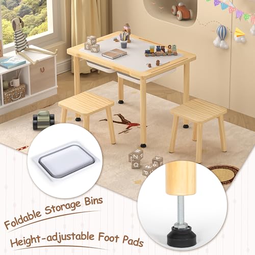 Image of BRINJOY Sensory Table for Toddlers, Kids Activity Desk with 2 Stools & Storage Bins, 3 in 1 Wood Sand and Water Table with Colored Pens & Animal Toys & DIY Tunnels for Indoor Outdoor Gifts