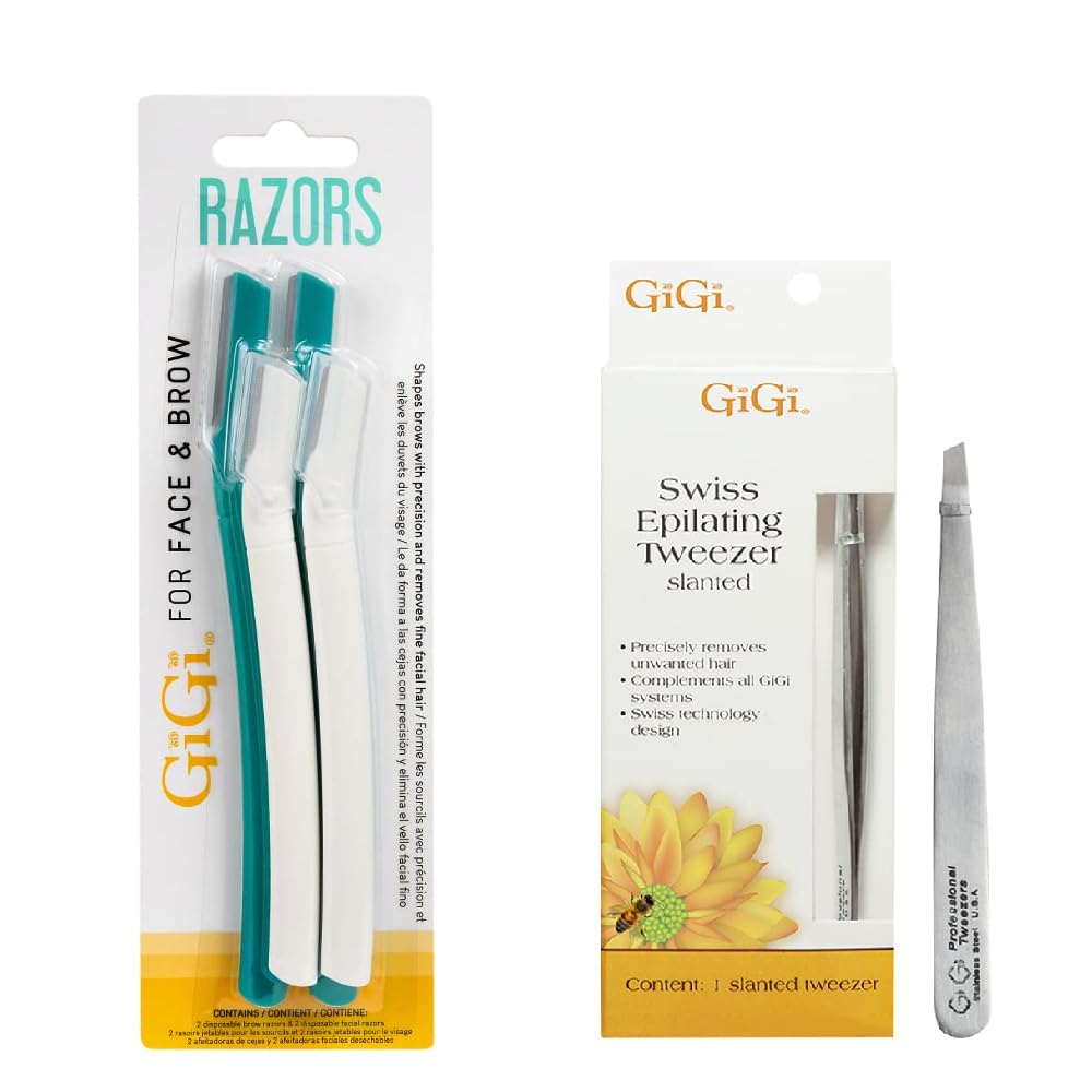 GiGi Razors for Face and Brows, and GiGi Slanted Tweezer for Ingrown Hair and Stubble Removal