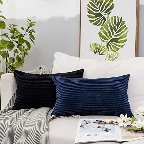 Juspurbet Decorative Rectangle Throw Pillow Covers 16X24,Pack Of 2 Corduroy Black Pillow Covers For Sofa Couch Bed,Super Soft Solid Striped Cushion Case #TOP1