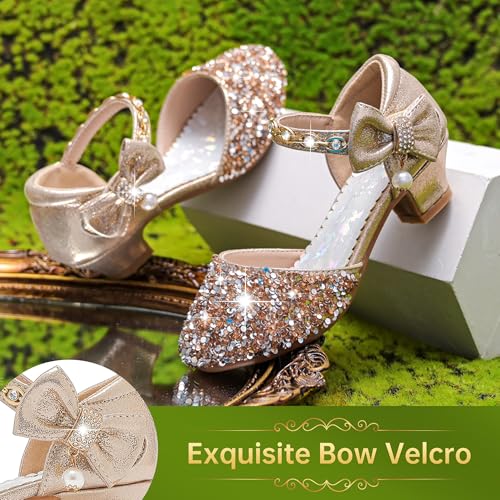 Image of Motasha Sparkly Girls Dress Shoes Kids High Heels Toddler to Big Kid | Glitter Closed Toe, Rhinestone Bow Straps, Hook-and-Loop Closure, Low Heel, Anti-Slip Outsole for Wedding Birthday Parties