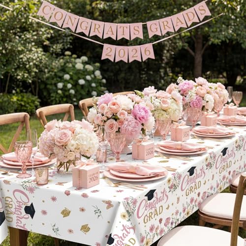 Image of Ganeen 3 Pcs Graduation Tablecloth Floral Class of 2026 Congrats Grad Table Cloths Pink Disposable Plastic Rectangle Table Cover for 2026 Graduation Decorations Grad Party Supplies, 54 x 108 Inch