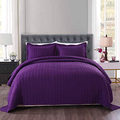 Marcielo 3 Piece Lightweight Bedspread Quilt Set Microfiber Quilt Bedspreads Bed Coverlet Set Prewashed Leaf (Purple, King) #TOP2