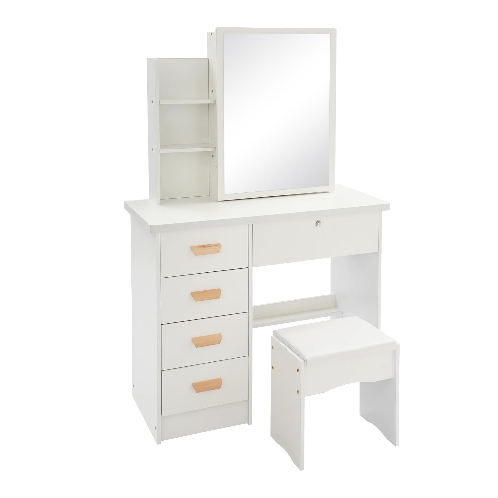 Tocador con espejo y taburete, tocador blanco muebles de dormitorio vanidad juego tocador con 5 cajones 100 kg para dormitorio adultos mujeres niñas