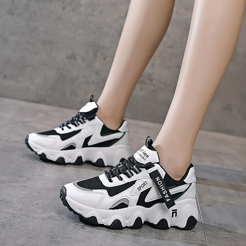 Women's Colorblock Lace-Up Sneakers, Non-Slip Low Top Shoes Casual Breathable Walking Sporty Shoes with Thick Soft Sole2