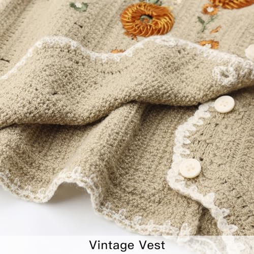 Image of Womens Floral Print Sweater Vest Sleeveless V Neck Vintage Button Front Cardigan Crochet Crop Knit Vest Top Coffee Small