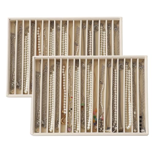 KATISYIO Large Velvet Jewelry Tray 2 Pack Stackable Jewelry Display Drawer Inserts Trays Organizer for Earring Bracelet Necklace Ring (Beige 16 Grids)