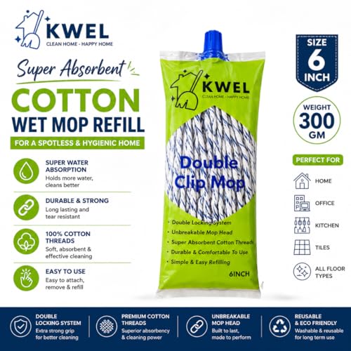 Image of KWEL Double Clip Cotton Mop Heavd 6 Inch, 300 GM | Super Absorbent Wet Mop Head Refill for Home, Office & Kitchen Cleaning | Durable Cotton Threads | Pack of 1(Blue & White)