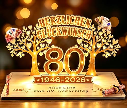 Giftota - 2026 Originelle Geldgeschenk zum 80. Geburtstag Frauen & Männer - 80 Geburtstaggeschenk - DIY Holz-Schild Gästebuch mit LED Lichterkette - 80 Geburtstag Deko - Personalisierbares Geschenk