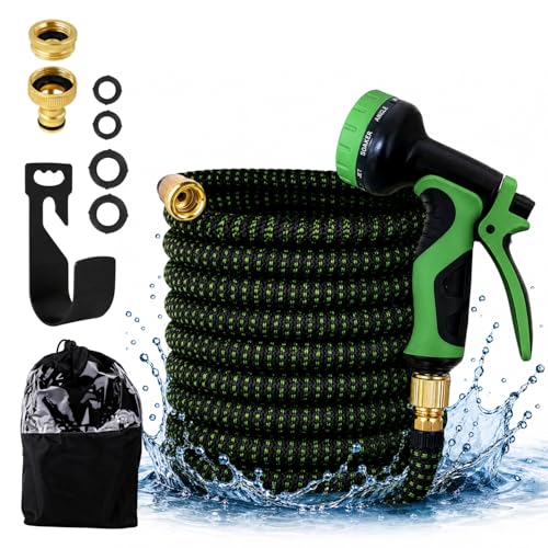 Expandable Telescopic Garden Hose 25FT with 10 Spray Patterns Nozzle |Flexible Water Hose Pipe with 3/4 Inch & 1/2 Inch Fittings, Brass Connectors, Leak Proof & Kink Free for Car Washing |Black&Green