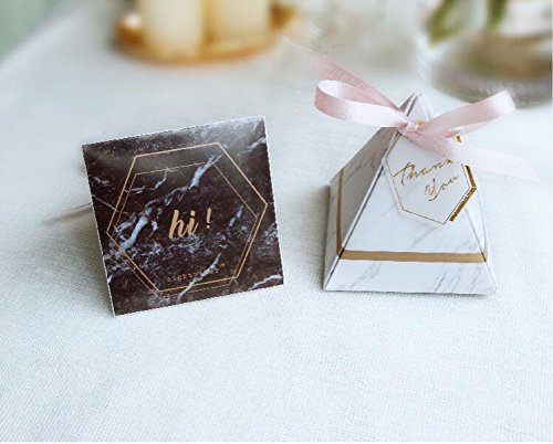 Colias Wing 50 pcs Marbling Pattern Pyramid Shape Stylish Design Wedding Birthday Party Favor Candy Boxes with Ribbon