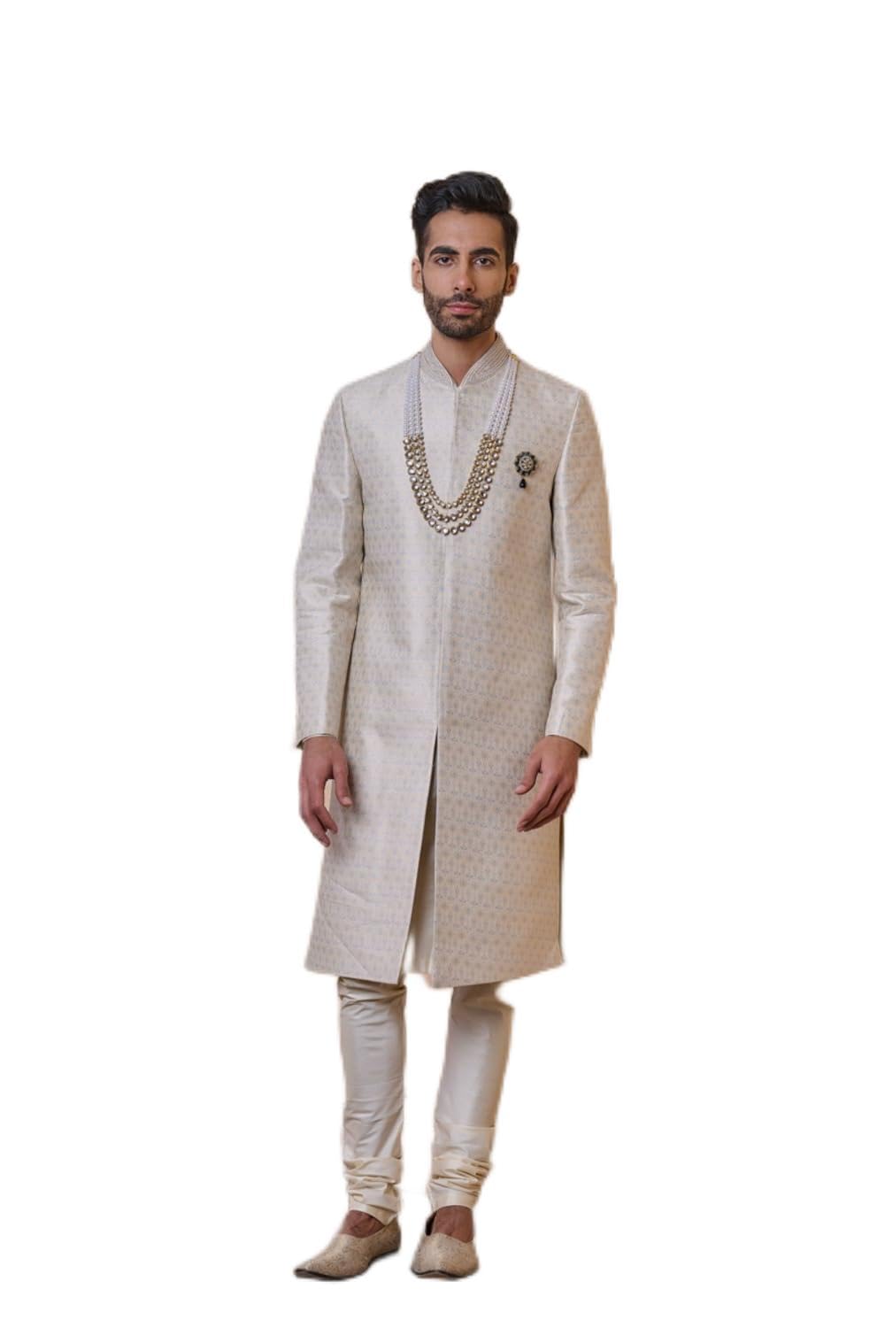 Ivory Brocade Sherwani For Men-image-6