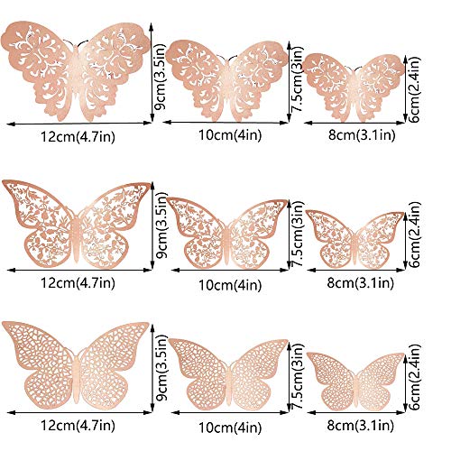 JUN-H 36 Stücke 3D Schmetterling Dekorationen Schmetterling Aufkleber DIY Wandkunst Aufkleber Schlafzimmer Baby Dekor Abziehbilder Abnehmbare Dekorative Papier Wandbilder (Rose Rot)