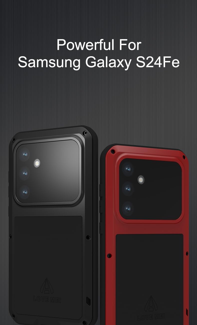 LOVE MEI Samsung Galaxy S24 FE Case, Heavy Duty Rugged Full Body Protection with Tempered Glass (Silver)