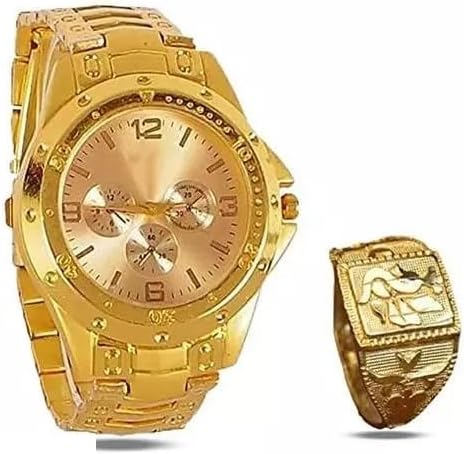Rosra Golden Formal & Ethnic Casual Analog Watch for Men’s Ring Free