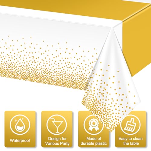 Image of 6Pcs White and Gold Tablecloth Party Decorations,Plastic White Table Cloth Printed Gold Table Runner Disposable Rectangle Table Cover for Birthday Wedding Anniversary Graduation Party,54 x108 Inch
