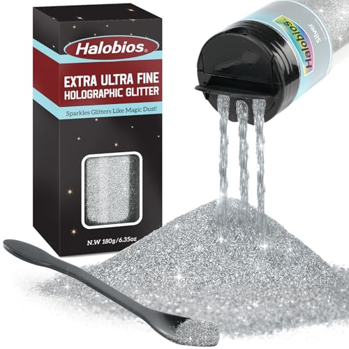 Halobios Extra Fine Glitter Holographic Silver Glitter 6.35oz(180g) Ultra Fine Craft Glitters 1/128 Resin Glitter Powder for Hair Body Nails Arts and DIY Crafts Decoration