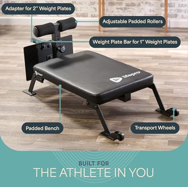 Lifepro Nordic Curl Workout Bench - Home Gym Hamstring Curl Machine & Glute Bench with Transport Wheels - Works with 1& 2 Olympic Weight Plates - Durable Padding, Construction