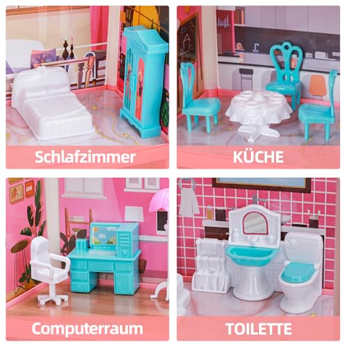 Puppenhaus für Mädchen Kleinkinder - Riesiges Puppenhaus mit 4 Puppen Figur, Möbel, Zubehör, LED Licht, 4 Geschichten Prinzessin Traumhaus Spielzeug Geschenk für Kinder 3 4 5 6 7 8 Jahre alt (Rosa)