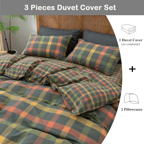Vm Vougemarket Plaid Duvet Cover Set Queen Washed Cotton Reversible Bedding Multicolor Buffalo Grid Duvet Cover With 2 Pillowcases For Men Women thumb #1