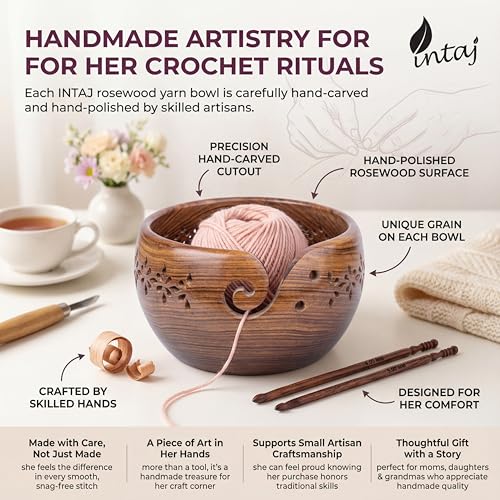 Image of Rosewood Yarn Bowl with 2 Crochet Hooks for Knitting Crochet
