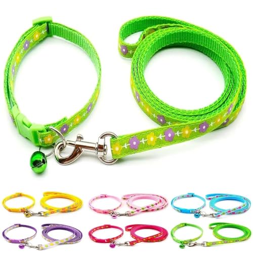 Small Dog Puppy Pet Collar and Lead Set Flower Design Nylon Adjustable Size 19-32cm Collar with Bell and 120cm Leash Green