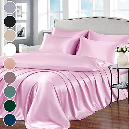 Homiest Juego de sábanas de satén de 7 piezas, tamaño King, color rosa, juego de ropa de cama de satén sedoso de lujo, 1 sábana bajera de bolsillo profundo, 1 sábana encimera suave, 4 fundas de
