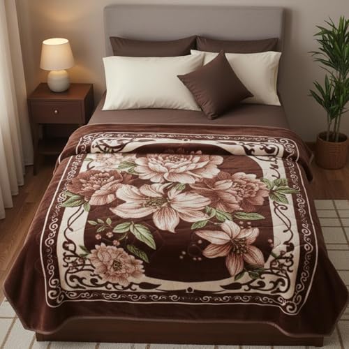 Image of Luxurious Heavyweight Microfiber Korean-Style Plush Blanket, Floral Velvet, 240x220 cm, Winter Comfort, Single Layer (Brown Multicolor, Double)