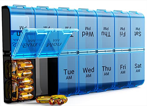 Image of Extra Large Pill Organizer 2 Times a Day, Weekly XL AM PM Pill Case, 7 Day Pill Box Twice a Day, Oversized Daily Medicine Organizer for Vitamins (Blue)