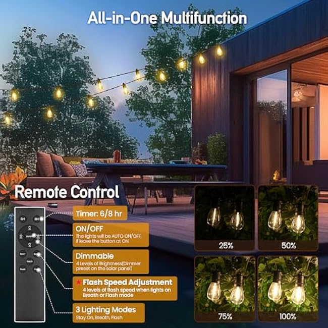 Solar String Lights Outdoor Waterproof 54 FT 24 Sockets 25 LEDs Patio Lighting, USB Charge & Remote Controlled Dimmer Timer, Solar Outdoor Lights for Patio Yard Outside Camping Party 2700K