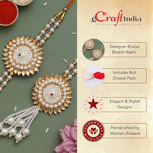 Image of eCraftIndia Pearls Designer Bhaiya Bhabhi Rakhi Set with Roli Chawal Pack | Rakhis for Brother Bhaiya Bhai
