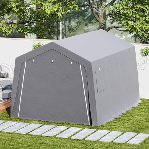 Outsunny Gerätehaus mit Satteldach wasserdicht Gerätezelt mit Türen, Fenster, Anti-Staub-Fahrradabdeckung, Foliengerätehaus Fahradgarage für Terrasse Garten, 300 x 447 x 255 cm, Hellgrau