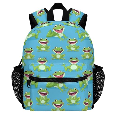 Kid's Mini Backpack 12 Inch Cute Cartoon Frogs Blue Background Backpack Schoolbag Preschool Kindergarten Children Bag Nursery Travel Bag for Toddler Boys Girls Age 3-7