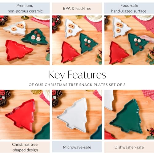 Image of Nestasia Christmas Tree Ceramic Snack Plates Set of 3 | Festive Holiday Serving Plates, Microwave & Dishwasher Safe | Ideal for Cookies, Treats, Decor, Snacks