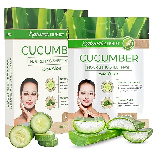 Natural Chemist Cucumber & Aloe Sheet Face Mask - Calms & Moisturizes, Reduces Puffiness, Hydrates, Soothes, Dermatologist Tested, Cruelty Free Korean Skin Care For All Skin Types - 5 Masks