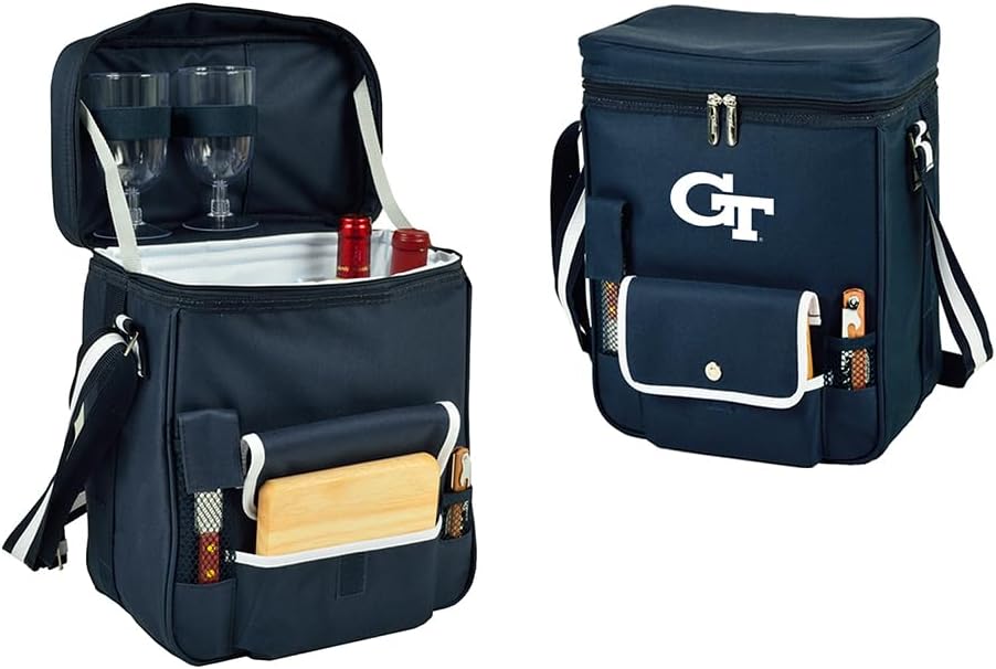Georgia Tech Licensed Yellow Jackets Wine and Cheese Picnic Basket/Cooler with Hardwood Cutting Board, Cheese Knife and Corkscrew, Assembled & Quality Approved in The USA